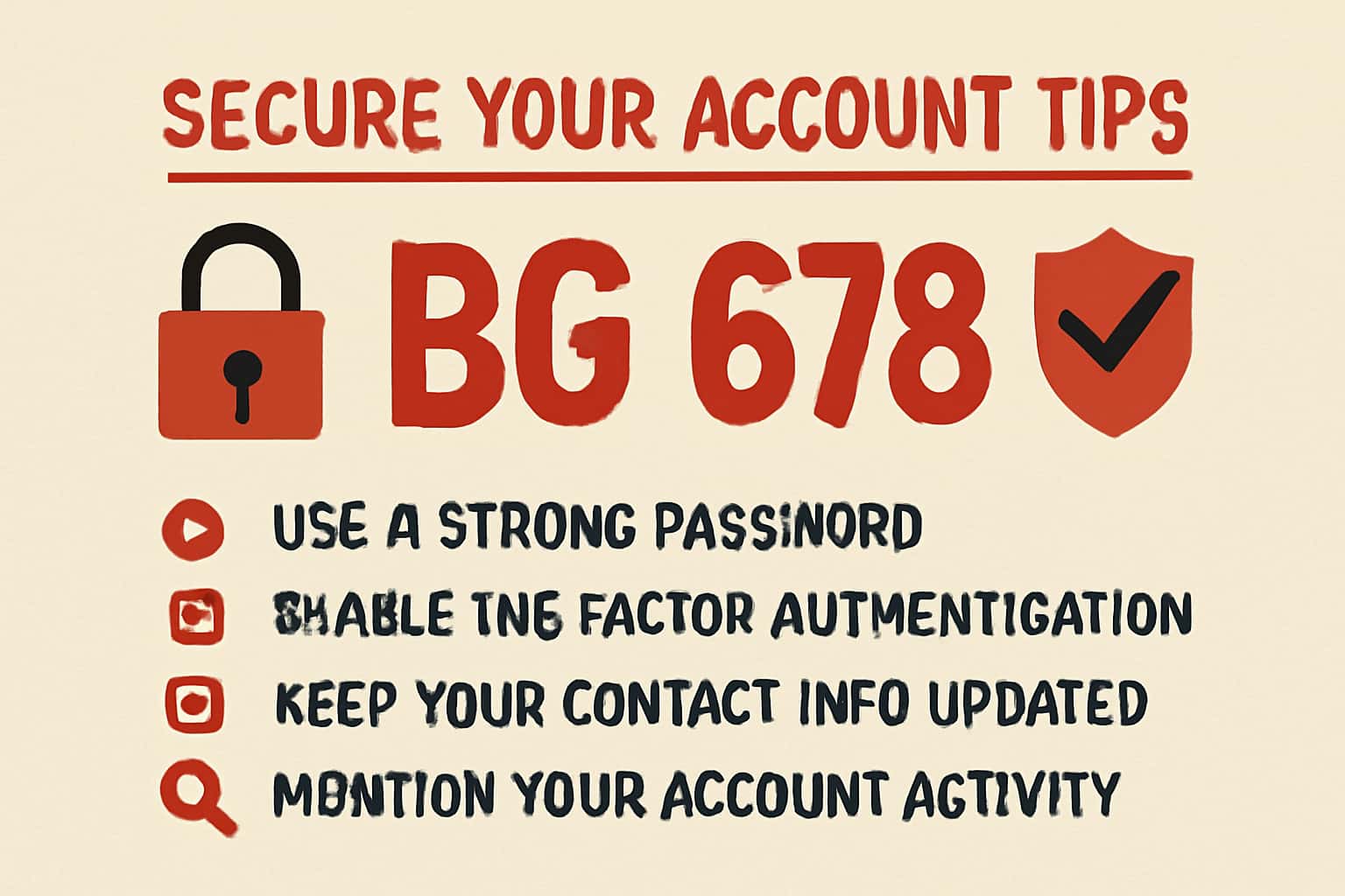 A professional illustration highlighting security tips for BG 678 accounts.